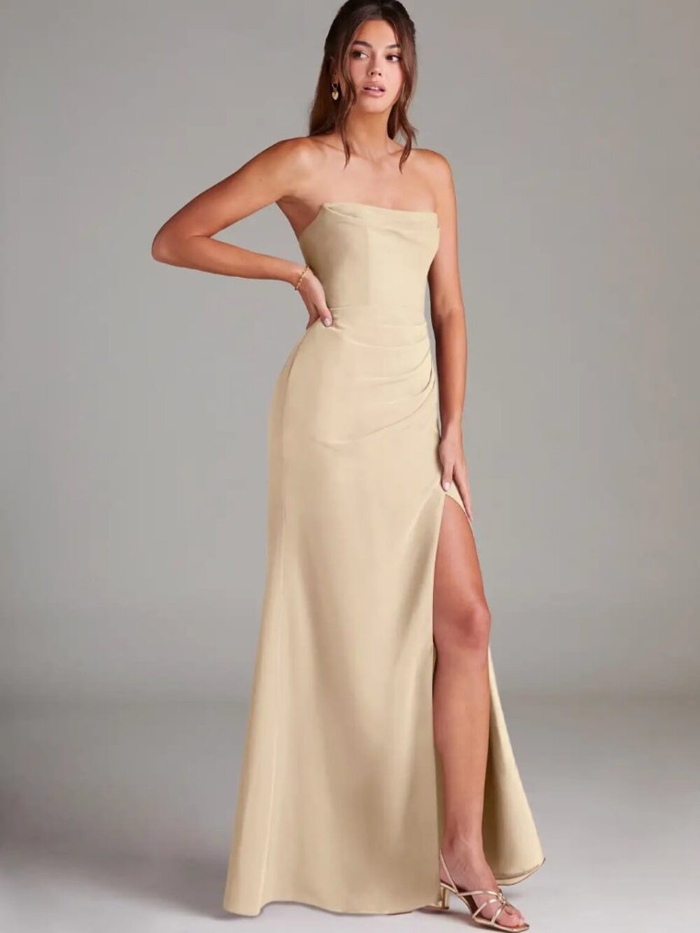 Azazie Leonis Champagne Maxi Dress Sz A10 NWT Formal Wedding Slit Strapless